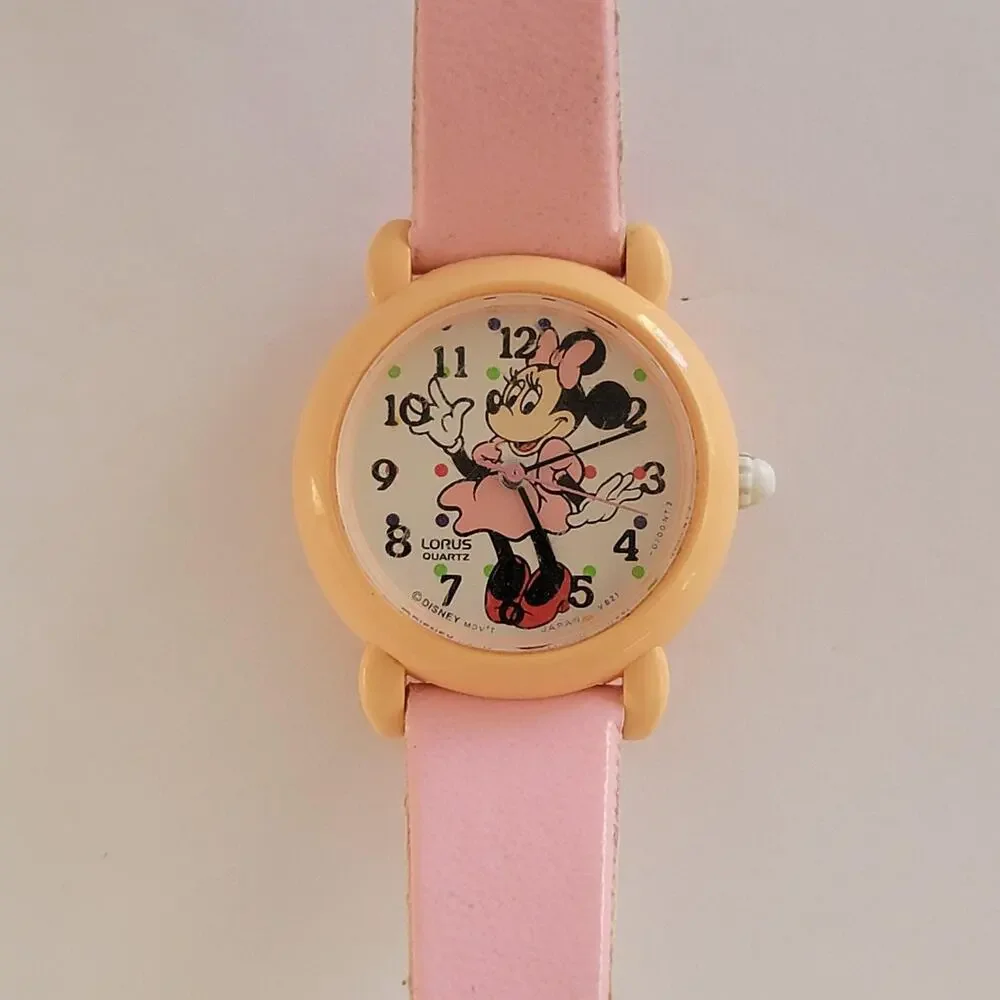 Girls Watch White Dial Orange Case Pink Faux Leather Band Lorus Quartz V821-0210